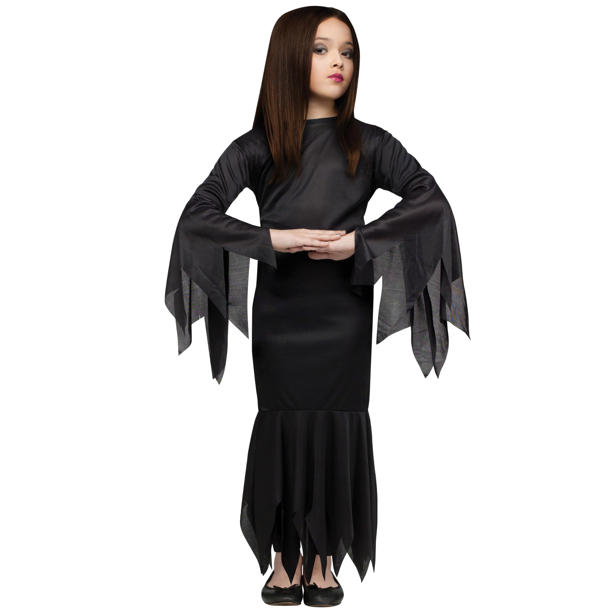Fun World Girls Morticia Costume – Floor-Length Black Gown with Flowing Sleeves