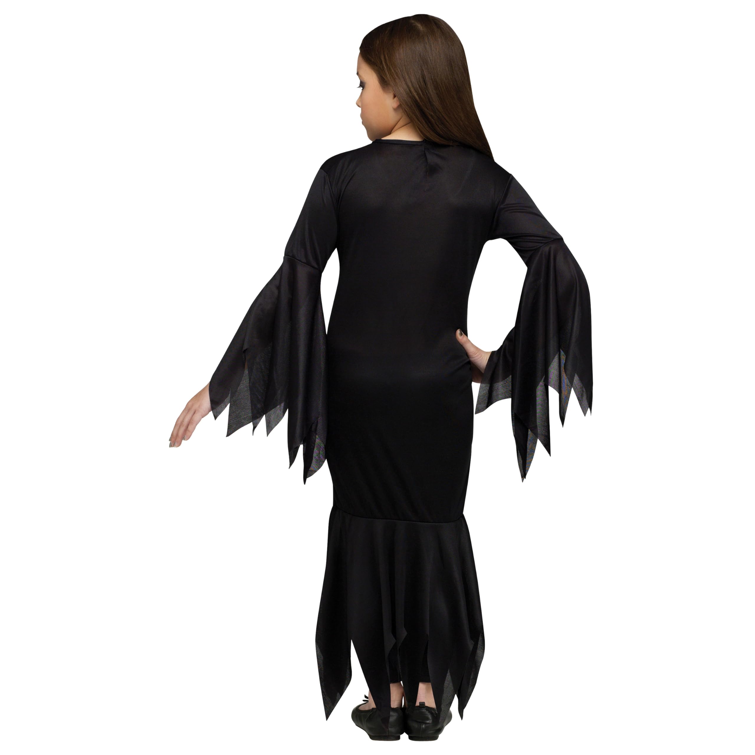 Fun World Girls Morticia Costume – Floor-Length Black Gown with Flowing Sleeves