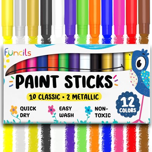 Funcils 12 Tempera Paint Sticks for Kids Ages 1-5 - Washable, Quick Dry, Non-Toxic with Metallic Gold & Silver