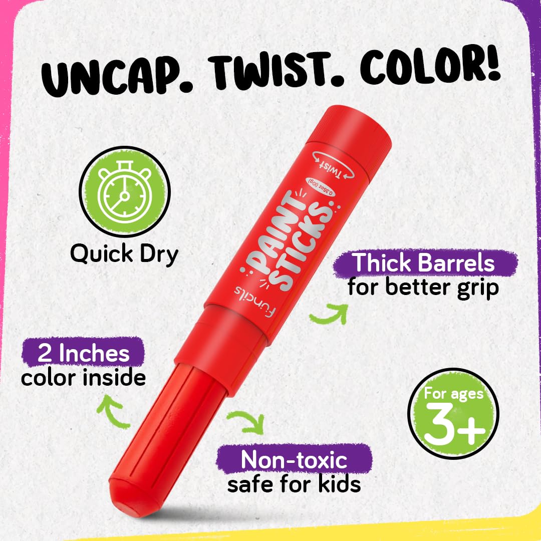 Funcils 12 Tempera Paint Sticks for Kids Ages 1-5 - Washable, Quick Dry, Non-Toxic with Metallic Gold & Silver