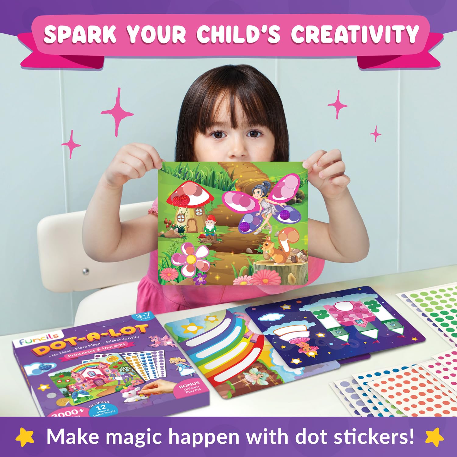 Funcils Dot Art Activity - Unicorn & Princess Sticker Kit, Mess-Free Toddler Craft, 3000+ Stickers, Ages 3-7