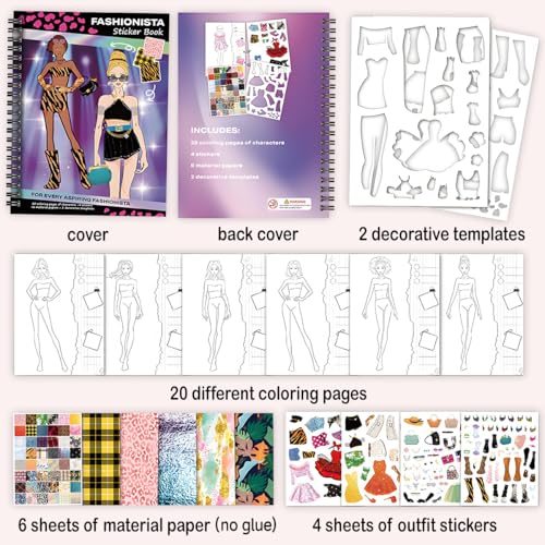 FUNCLASS Sticker Dress Up Book for Girls Ages 4-8 – Fashionista Coloring & Activity Book with 20 Pages and 4 Sticker Sheets