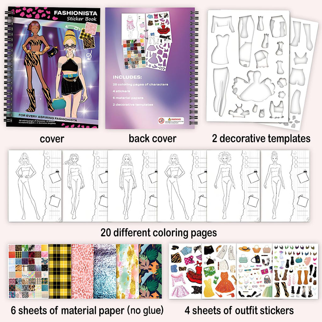FUNCLASS Sticker Dress Up Book for Girls Ages 4-8 – Fashionista Coloring & Activity Book with 20 Pages and 4 Sticker Sheets