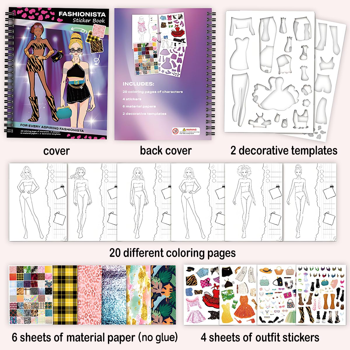 FUNCLASS Sticker Dress Up Book for Girls Ages 4-8 – Fashionista Coloring & Activity Book with 20 Pages and 4 Sticker Sheets
