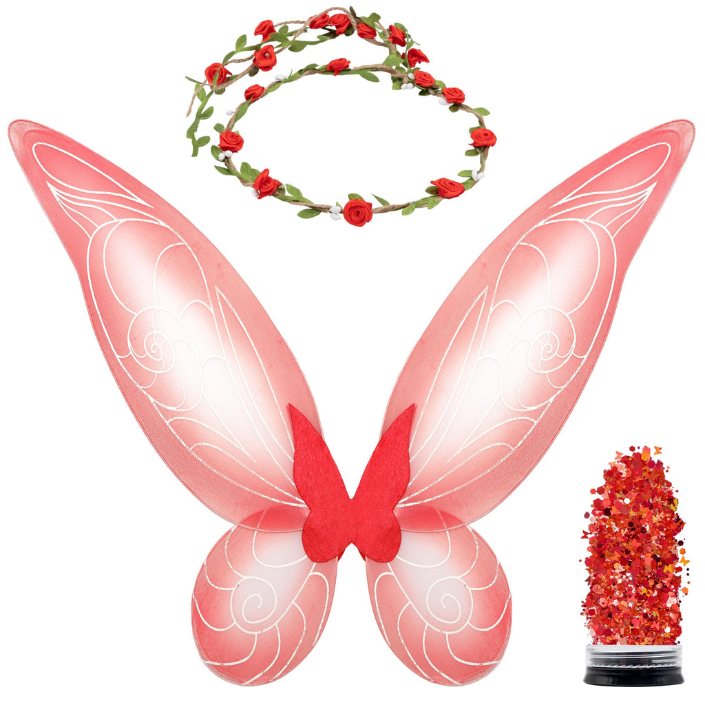 Funcredible Fairy Costume Set: Red Wings, Flower Crown & Chunky Glitter
