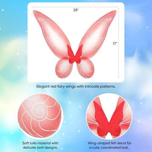 Funcredible Fairy Costume Set: Red Wings, Flower Crown & Chunky Glitter