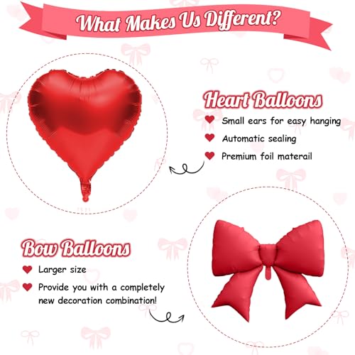 FunHot 10-Pack Red Heart & Bow Foil Balloons - 18" Hearts + 38" Bow for Wedding, Valentine's, Party Decor