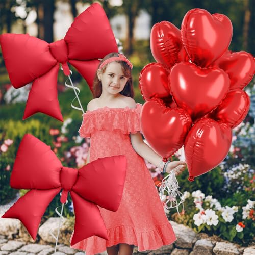 FunHot 10-Pack Red Heart & Bow Foil Balloons - 18" Hearts + 38" Bow for Wedding, Valentine's, Party Decor