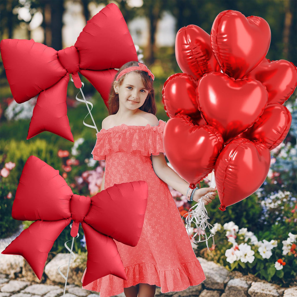 FunHot 10-Pack Red Heart & Bow Foil Balloons - 18" Hearts + 38" Bow for Wedding, Valentine's, Party Decor