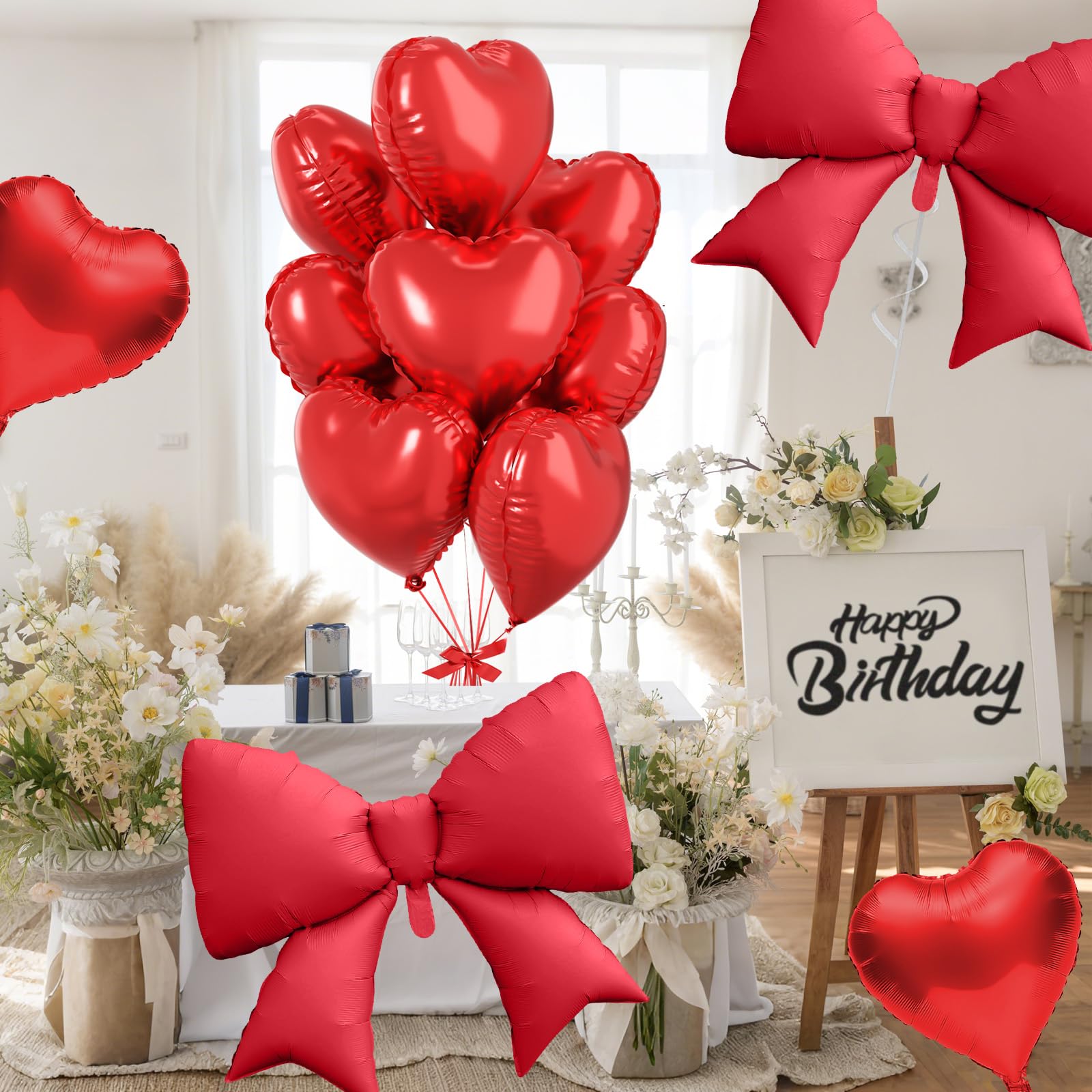 FunHot 10-Pack Red Heart & Bow Foil Balloons - 18" Hearts + 38" Bow for Wedding, Valentine's, Party Decor