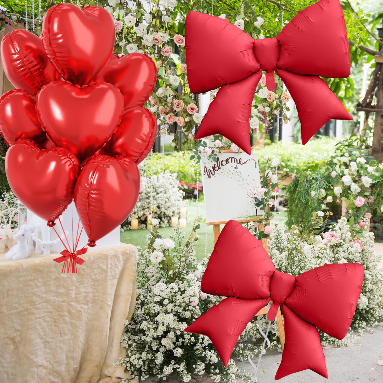 FunHot 10-Pack Red Heart & Bow Foil Balloons - 18" Hearts + 38" Bow for Wedding, Valentine's, Party Decor