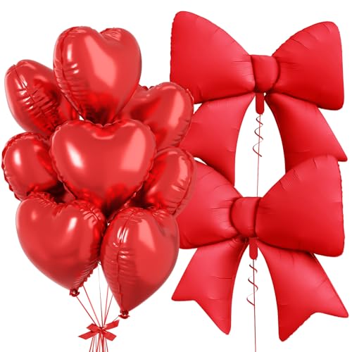 FunHot 10-Pack Red Heart & Bow Foil Balloons - 18" Hearts + 38" Bow for Wedding, Valentine's, Party Decor