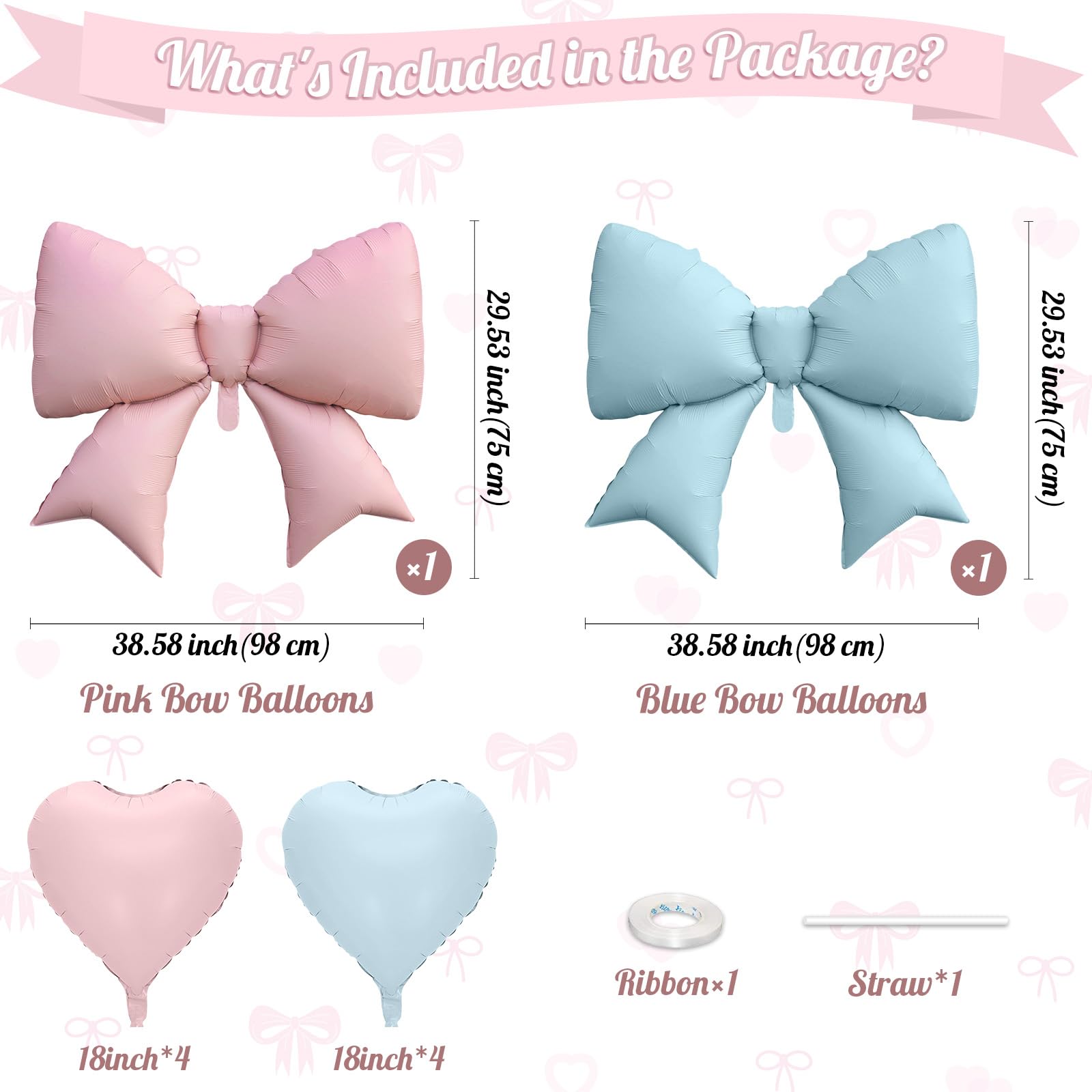 FunHot 10Pcs Pink Blue Heart & Foil Bow Balloon Set – 18 Inch Hearts & 38 Inch Bows for Party Décor