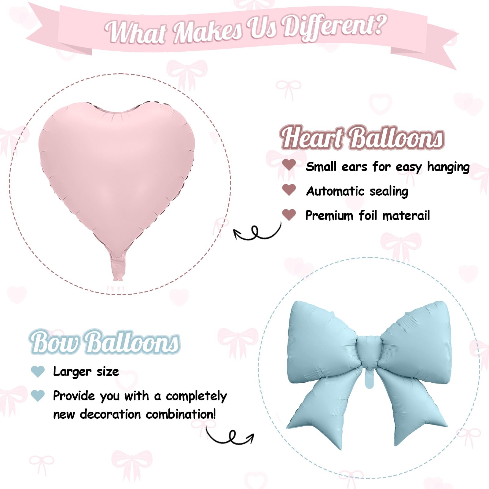 FunHot 10Pcs Pink Blue Heart & Foil Bow Balloon Set – 18 Inch Hearts & 38 Inch Bows for Party Décor