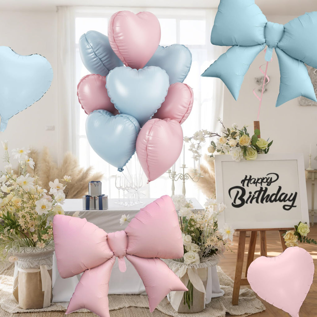 FunHot 10Pcs Pink Blue Heart & Foil Bow Balloon Set – 18 Inch Hearts & 38 Inch Bows for Party Décor