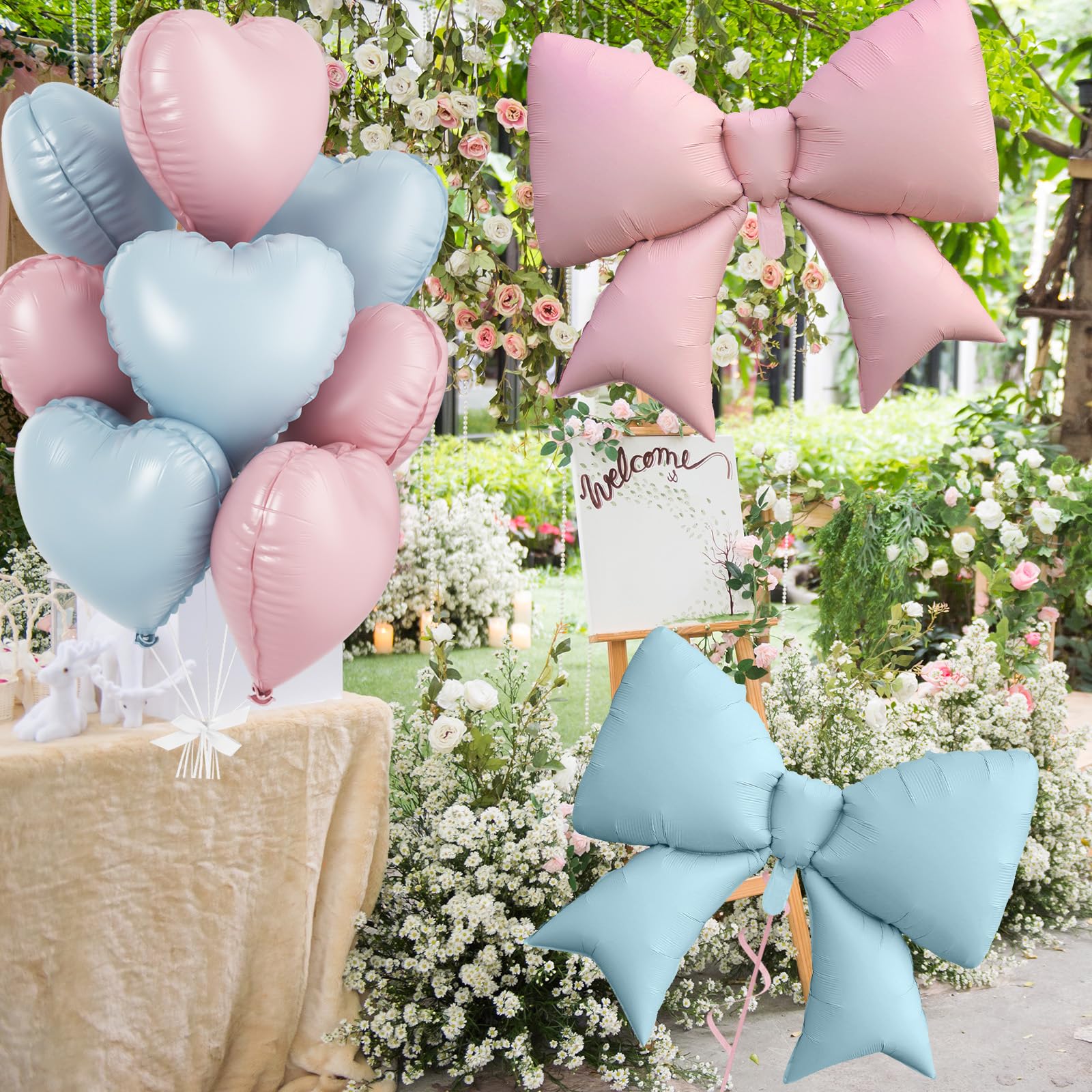 FunHot 10Pcs Pink Blue Heart & Foil Bow Balloon Set – 18 Inch Hearts & 38 Inch Bows for Party Décor