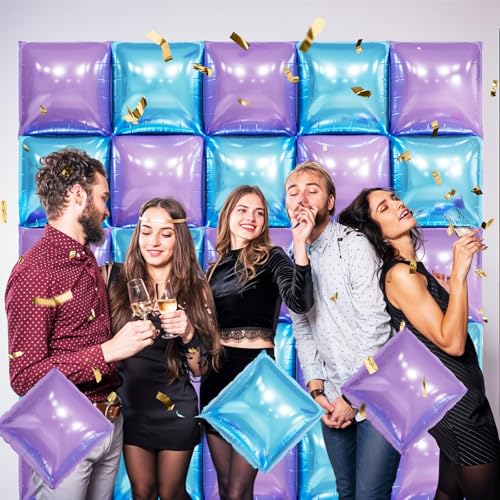 FunHot 19-Inch Blue & Purple Square Foil Balloon Wall Kit – 25 Double-Sided Chrome Balloons for Party Backdrop