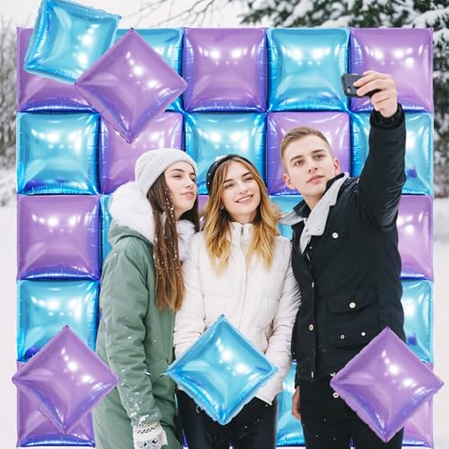 FunHot 19-Inch Blue & Purple Square Foil Balloon Wall Kit – 25 Double-Sided Chrome Balloons for Party Backdrop