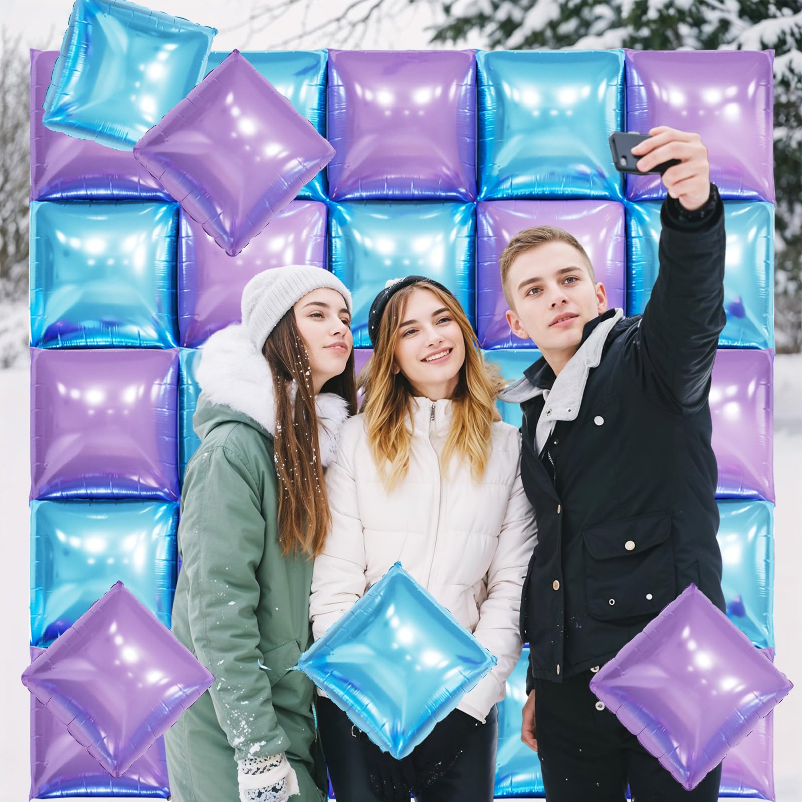 FunHot 19-Inch Blue & Purple Square Foil Balloon Wall Kit – 25 Double-Sided Chrome Balloons for Party Backdrop