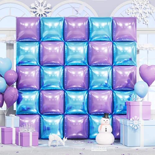 FunHot 19-Inch Blue & Purple Square Foil Balloon Wall Kit – 25 Double-Sided Chrome Balloons for Party Backdrop