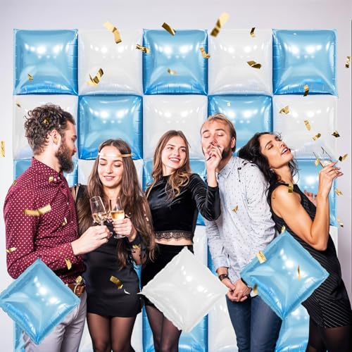 FunHot 25-Piece Pearl Blue & White Square Foil Balloon Wall Kit - 19 Inch Double Sided Chrome Balloons for Party Decor