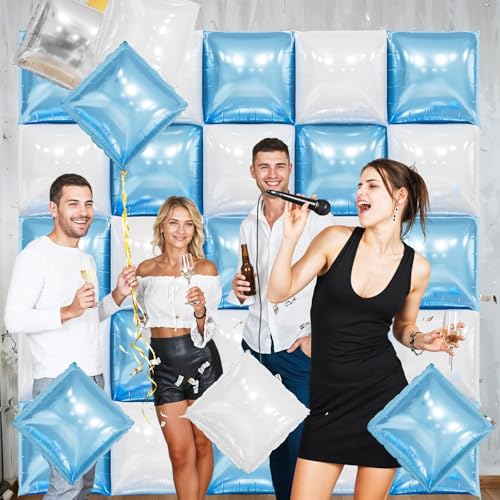 FunHot 25-Piece Pearl Blue & White Square Foil Balloon Wall Kit - 19 Inch Double Sided Chrome Balloons for Party Decor