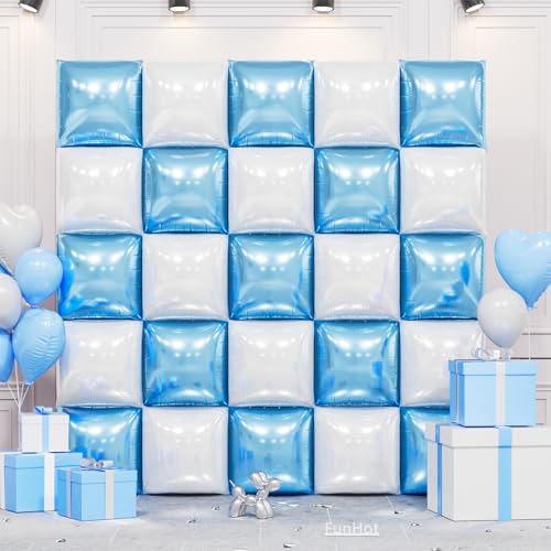 FunHot 25-Piece Pearl Blue & White Square Foil Balloon Wall Kit - 19 Inch Double Sided Chrome Balloons for Party Decor