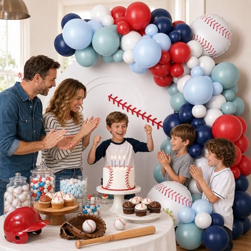 FunHot Baseball Balloon Arch Garland Kit – Navy Blue, Red & White Balloons for Sports Themed Parties