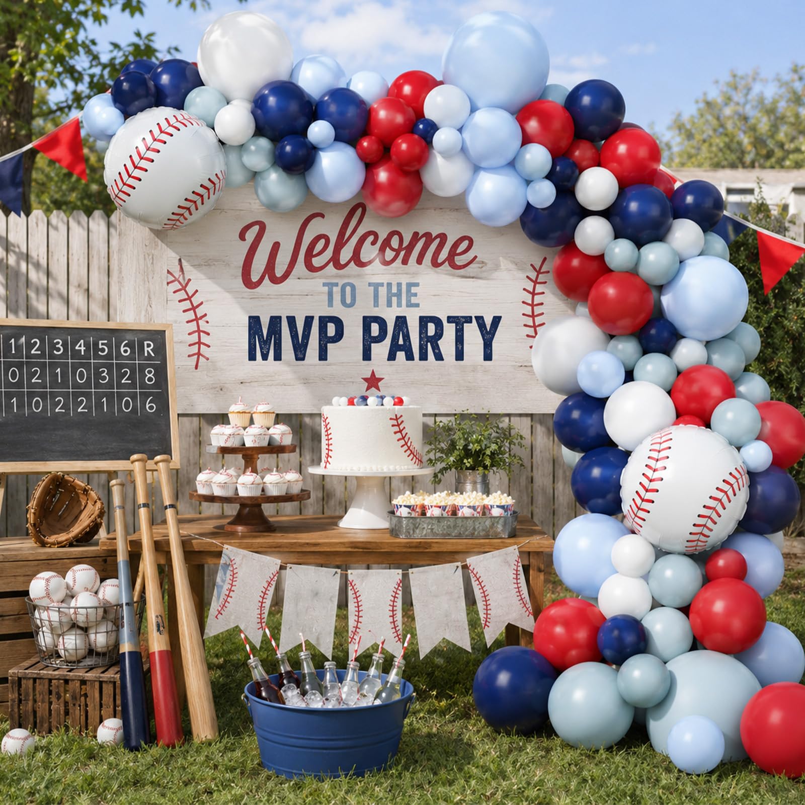 FunHot Baseball Balloon Arch Garland Kit – Navy Blue, Red & White Balloons for Sports Themed Parties