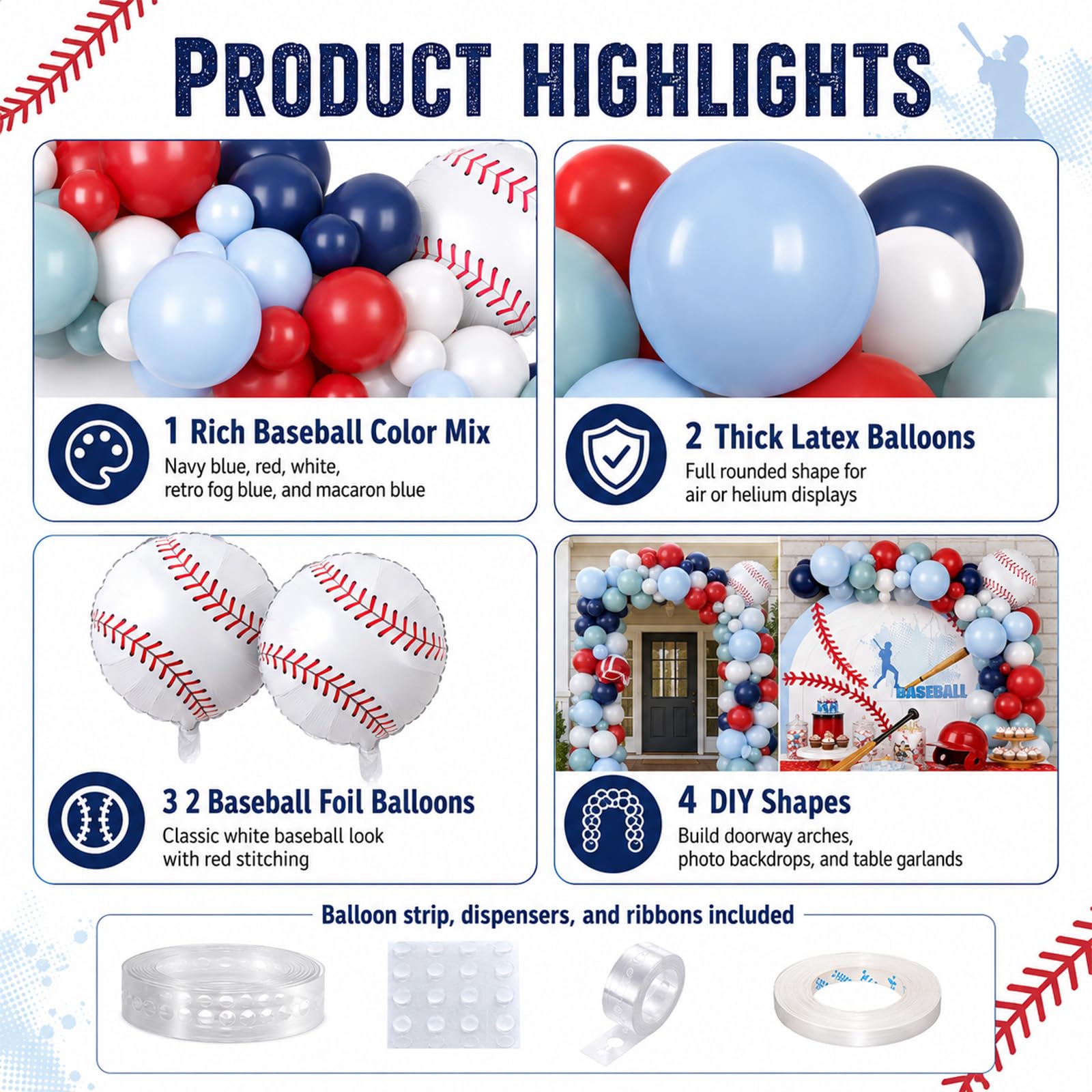 FunHot Baseball Balloon Arch Garland Kit – Navy Blue, Red & White Balloons for Sports Themed Parties