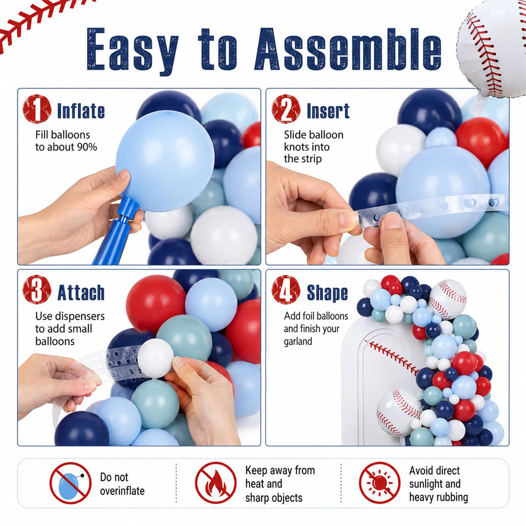 FunHot Baseball Balloon Arch Garland Kit – Navy Blue, Red & White Balloons for Sports Themed Parties