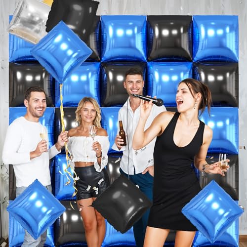 FunHot Metallic Blue and Black 19-Inch Square Foil Balloon Wall Kit - 25 Double Sided Chrome Balloons for Party Decor