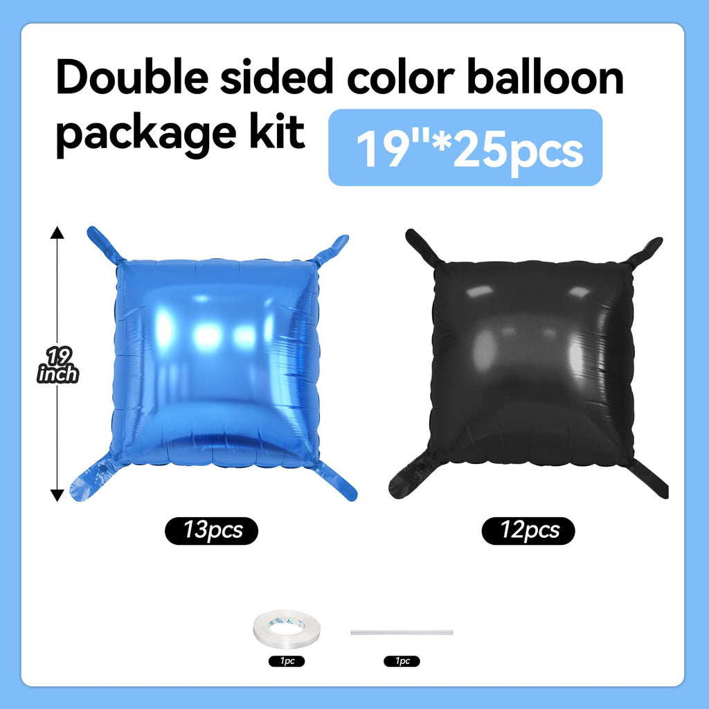 FunHot Metallic Blue and Black 19-Inch Square Foil Balloon Wall Kit - 25 Double Sided Chrome Balloons for Party Decor