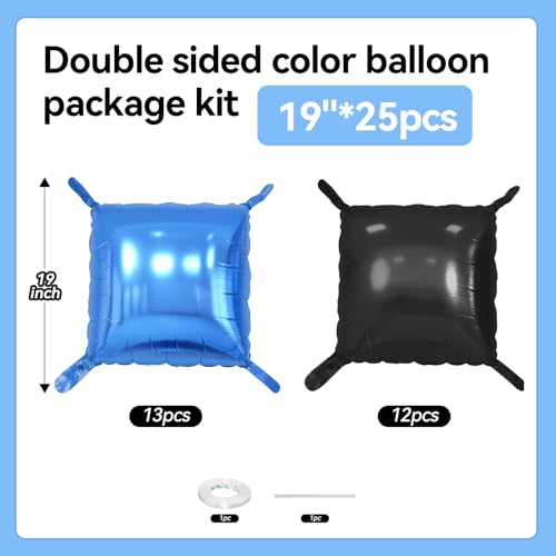 FunHot Metallic Blue and Black 19-Inch Square Foil Balloon Wall Kit - 25 Double Sided Chrome Balloons for Party Decor