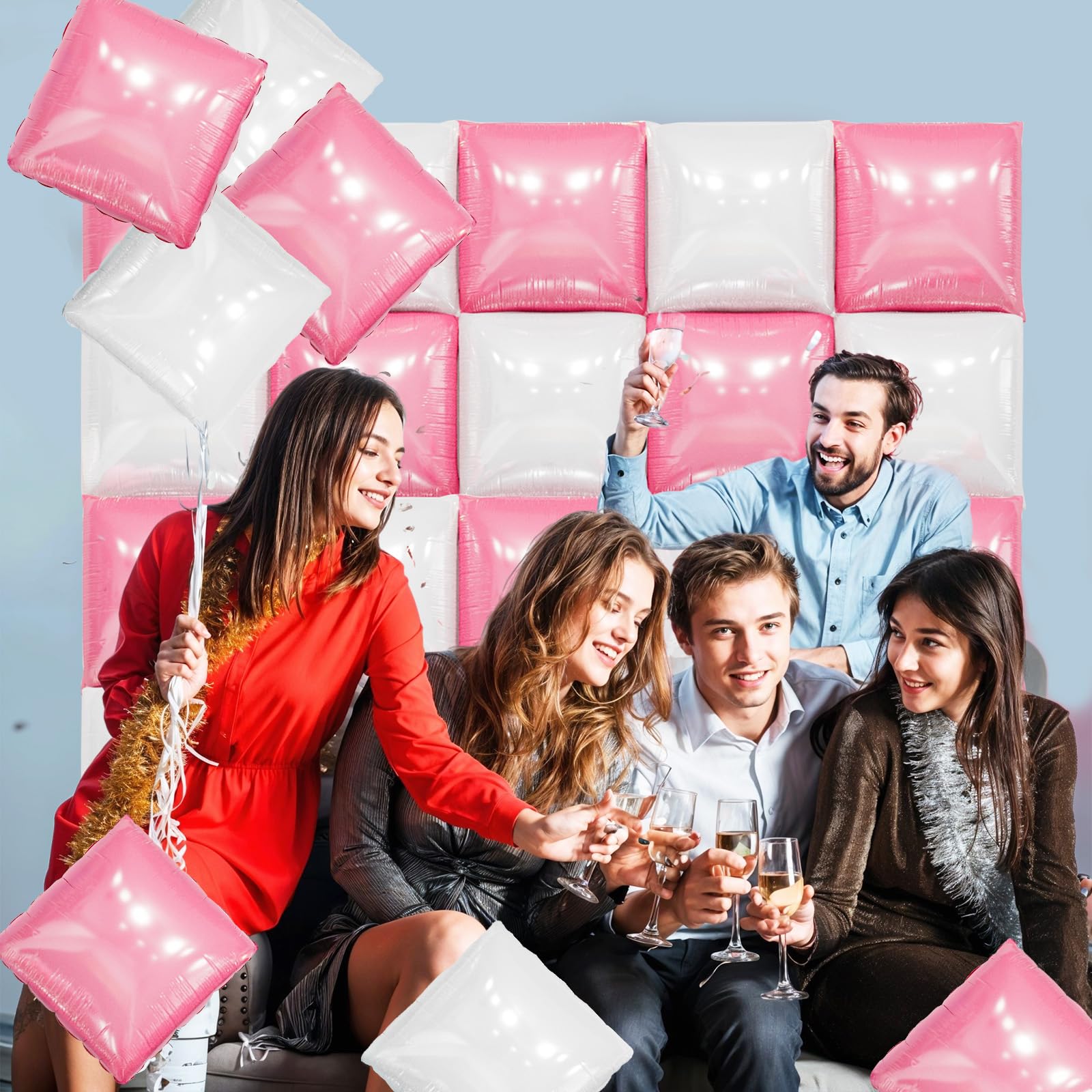 FunHot Pearl Pink and White Square Foil Balloon Wall Kit – 25 Double-Sided Chrome Balloons for Party Decor
