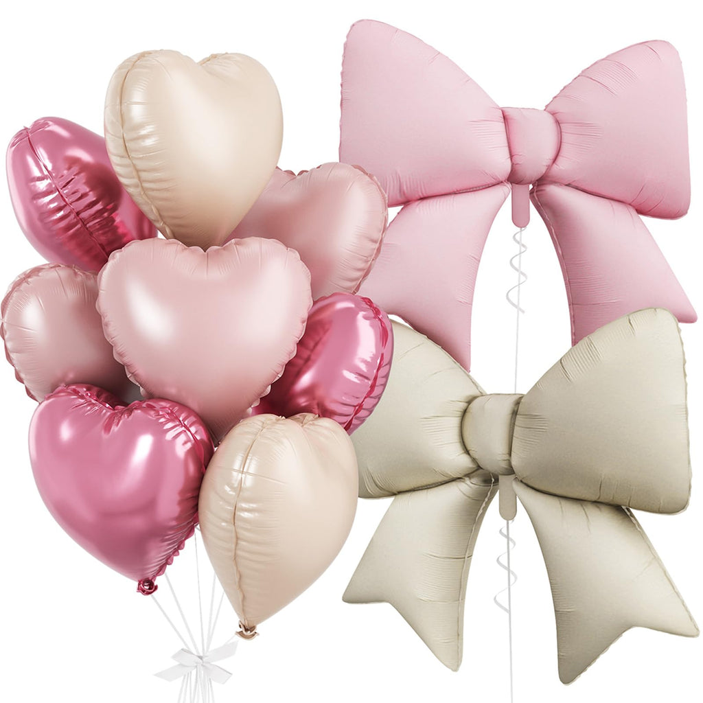 FunHot Pink Cream Heart & Bow Balloon Set - 10 Foil Balloons, 18 Inch Hearts + 38 Inch Bows for Birthday Wedding Baby Shower Decor