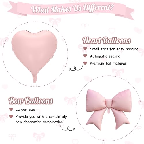 FunHot Pink Cream Heart & Bow Balloon Set - 10 Foil Balloons, 18 Inch Hearts + 38 Inch Bows for Birthday Wedding Baby Shower Decor