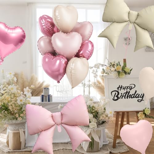 FunHot Pink Cream Heart & Bow Balloon Set - 10 Foil Balloons, 18 Inch Hearts + 38 Inch Bows for Birthday Wedding Baby Shower Decor