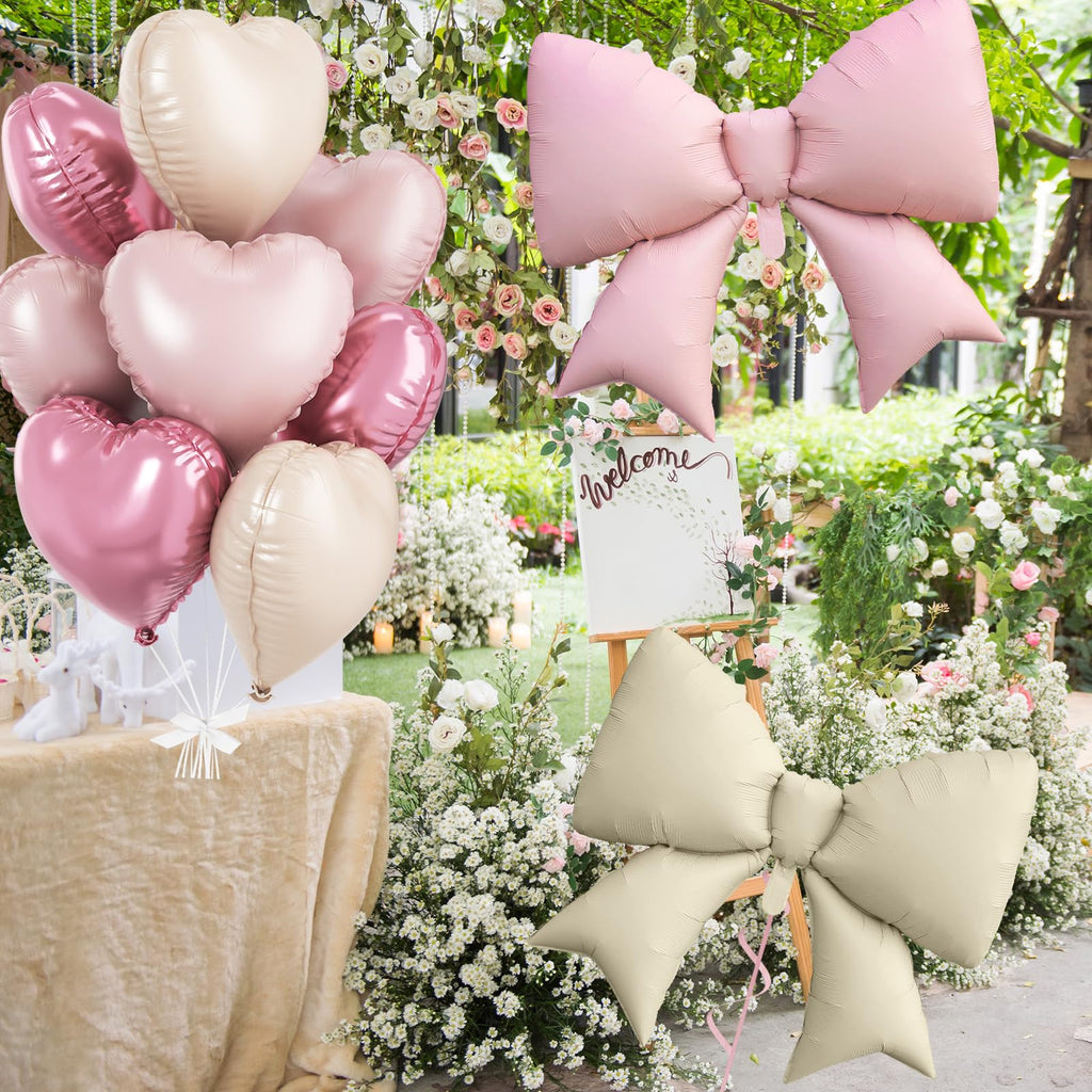 FunHot Pink Cream Heart & Bow Balloon Set - 10 Foil Balloons, 18 Inch Hearts + 38 Inch Bows for Birthday Wedding Baby Shower Decor