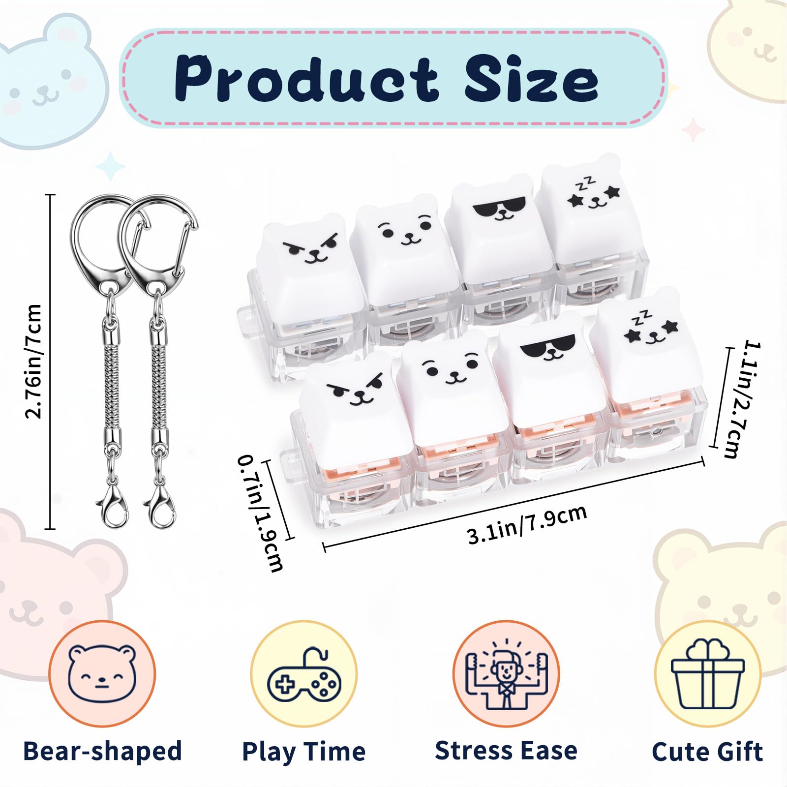 FunisFun 2 Pack Bear Keyboard Fidget Keychain - Silent & Clicky Modes with LED Lights