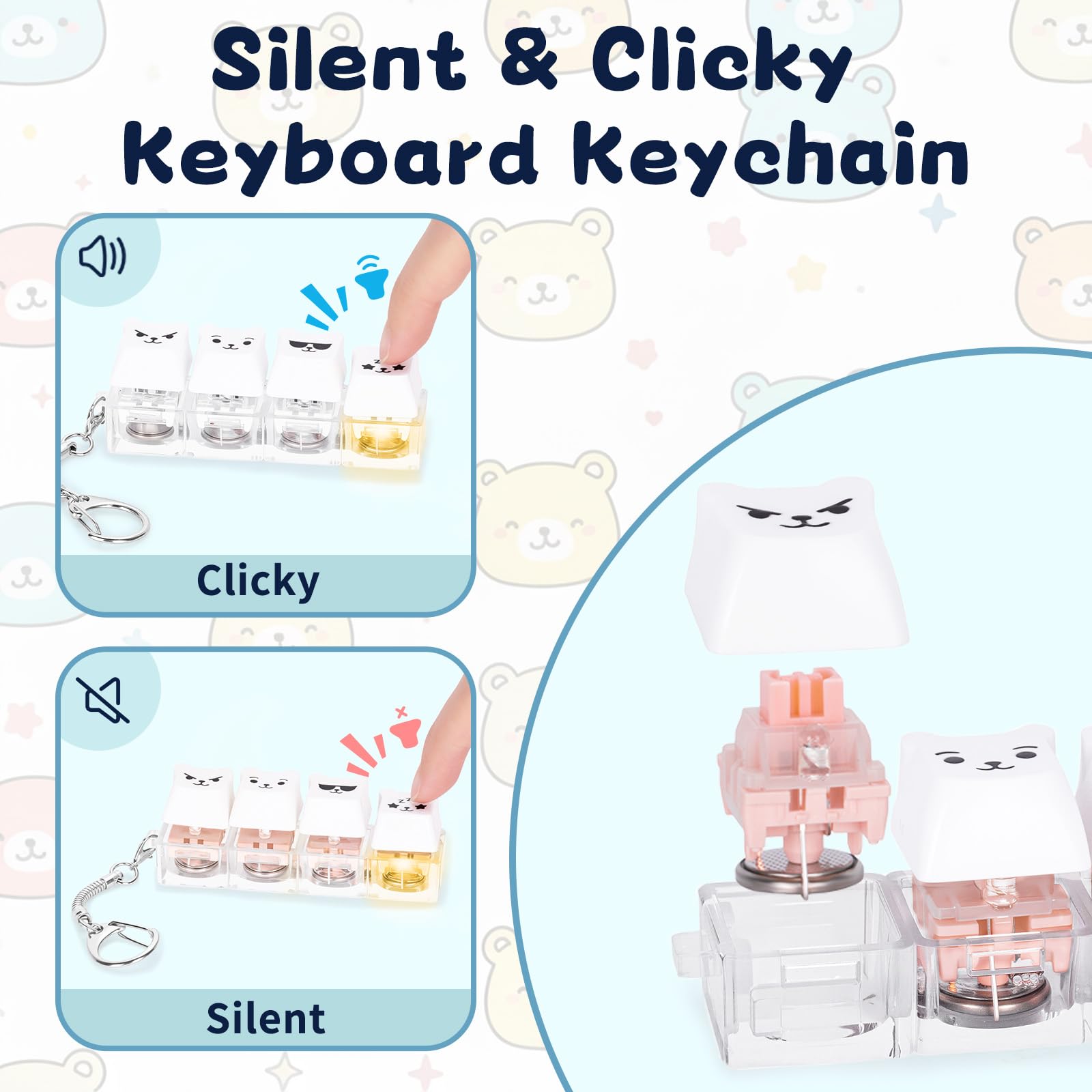 FunisFun 2 Pack Bear Keyboard Fidget Keychain - Silent & Clicky Modes with LED Lights