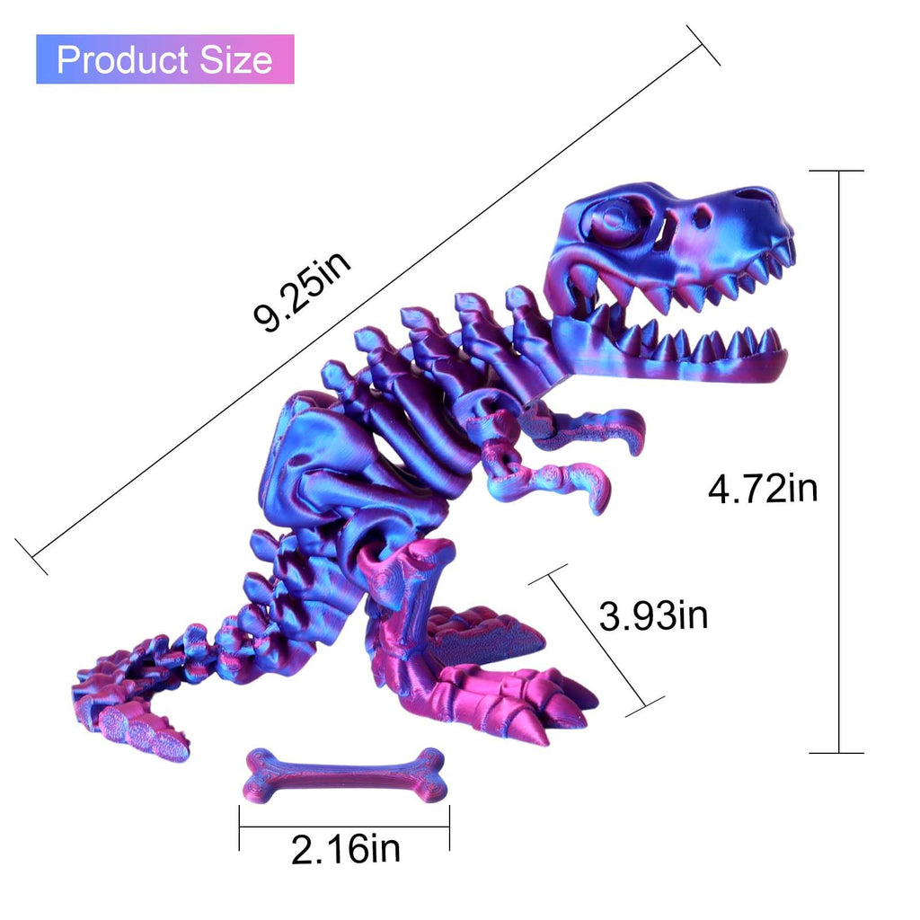 FunisFun 3D Printed Articulated Dragon T-Rex Fidget Toy - Blue-Purple, with Bone, Desk Decor for Stress Relief