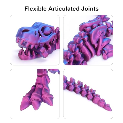 FunisFun 3D Printed Articulated Dragon T-Rex Fidget Toy - Blue-Purple, with Bone, Desk Decor for Stress Relief