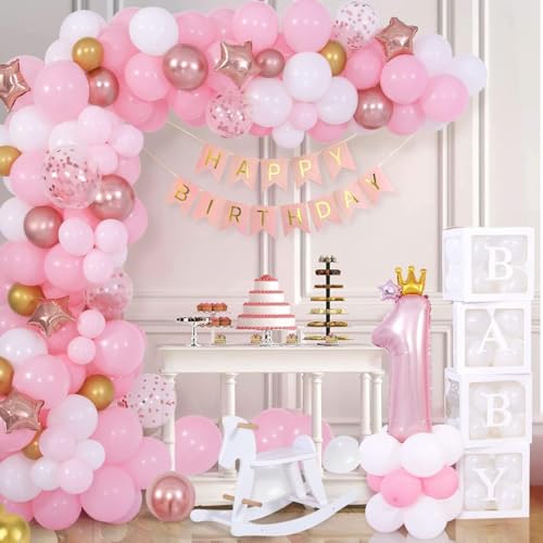 Funmilies Baby Girl First Birthday Decorations - Pink Balloon Arch Kit with Number 1 Crown, Rose Gold, and Happy Birthday Banner