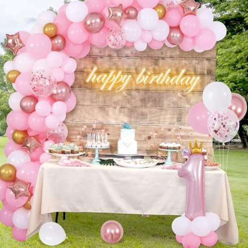 Funmilies Baby Girl First Birthday Decorations - Pink Balloon Arch Kit with Number 1 Crown, Rose Gold, and Happy Birthday Banner