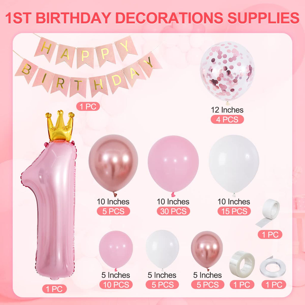 Funmilies Baby Girl First Birthday Decorations - Pink Balloon Arch Kit with Number 1 Crown, Rose Gold, and Happy Birthday Banner
