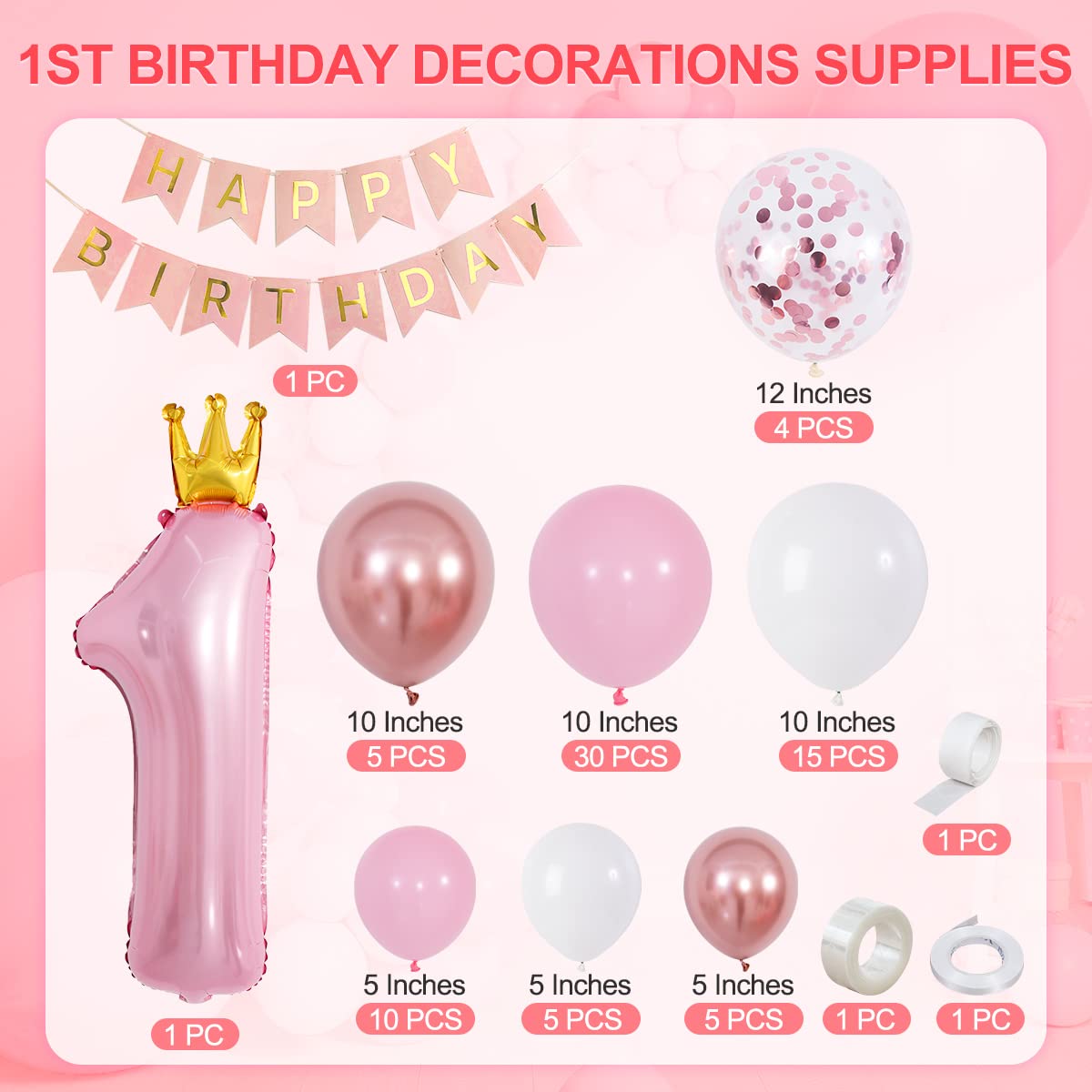 Funmilies Baby Girl First Birthday Decorations - Pink Balloon Arch Kit with Number 1 Crown, Rose Gold, and Happy Birthday Banner