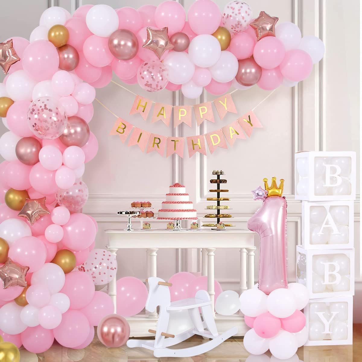 Funmilies Baby Girl First Birthday Decorations - Pink Balloon Arch Kit with Number 1 Crown, Rose Gold, and Happy Birthday Banner