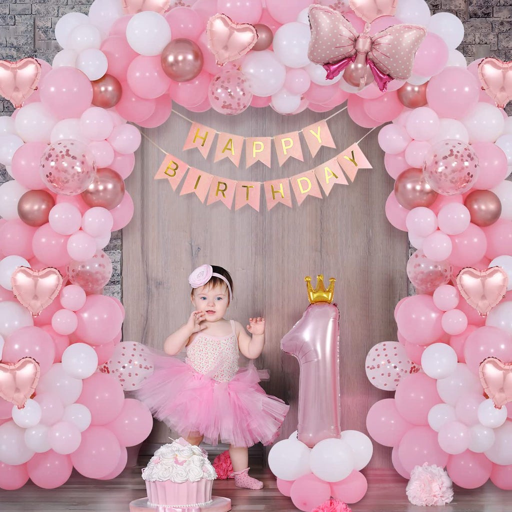 Funmilies Baby Girl First Birthday Decorations - Pink Balloon Arch Kit with Number 1 Crown, Rose Gold, and Happy Birthday Banner