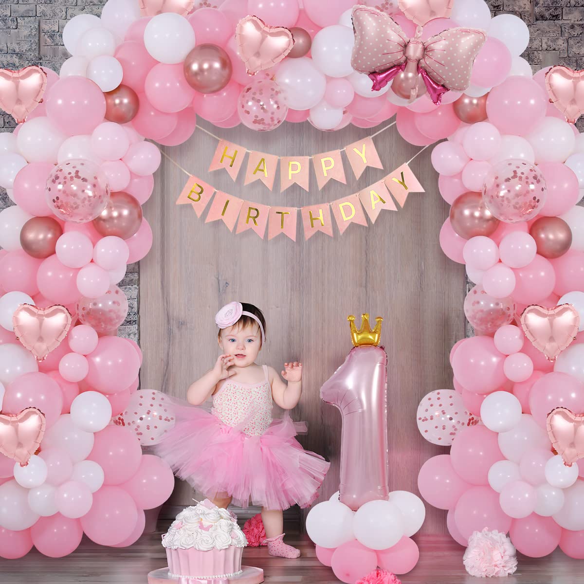 Funmilies Baby Girl First Birthday Decorations - Pink Balloon Arch Kit with Number 1 Crown, Rose Gold, and Happy Birthday Banner